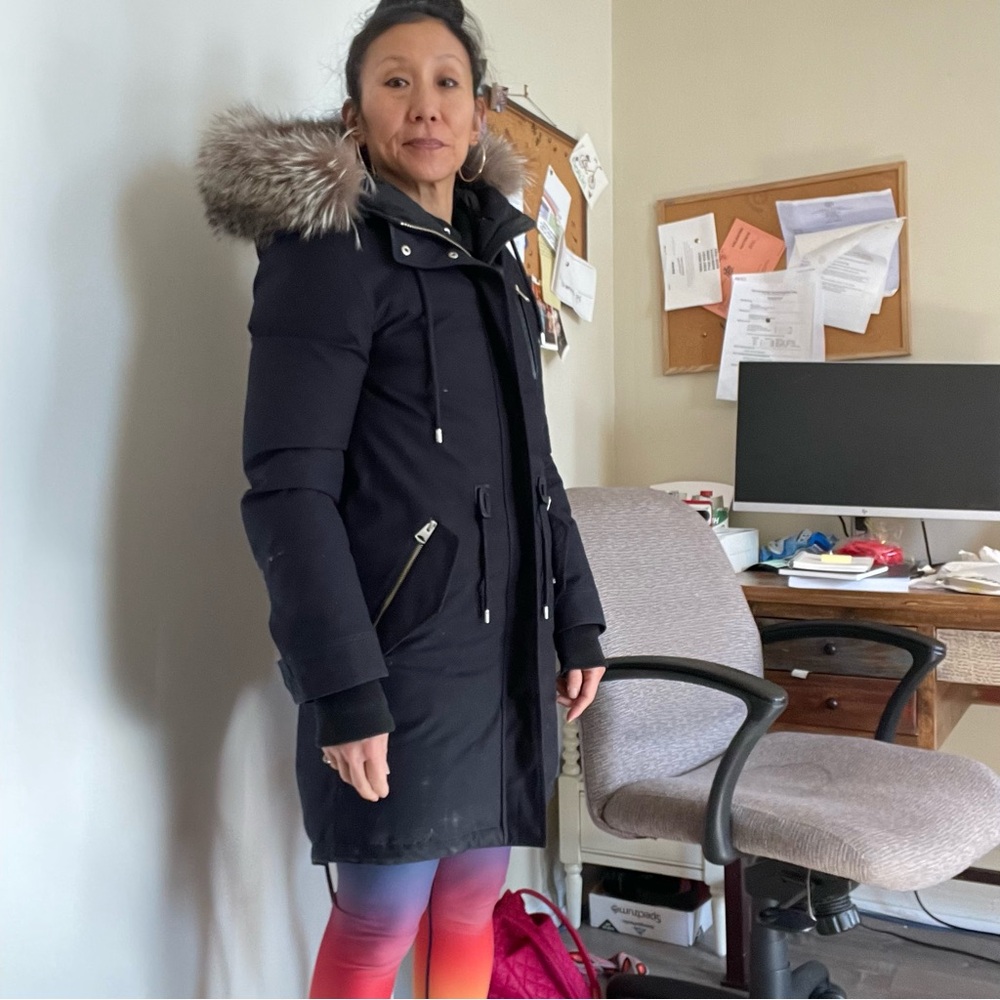 Mackage RENA-DXR puffer dark navy blue down coat fur hood thigh length Small